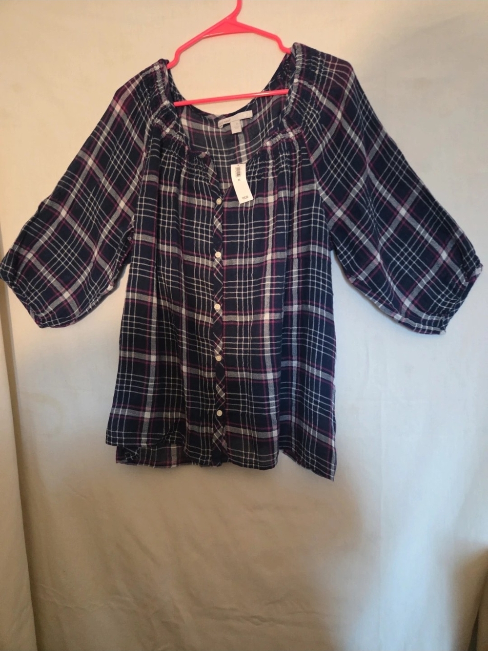 Old Navy Navy Plaid Button-Up Blouse with Purple Accents